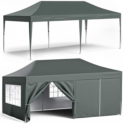 Oppsbuy 3 * 6M Pop Up Canopy Tent, Commercial Heavy Duty Gazebo with 6 Sidewalls, Portable Bag for Outdoor Events, Wedding, Birthday, Graduation, Grey