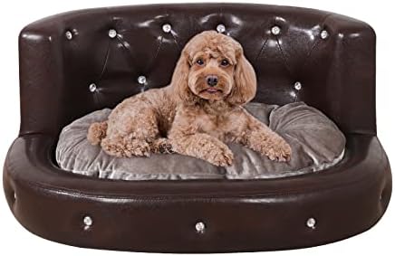 PU Leather Dog Sofas and Chairs,Wooden Frame Cat Bed,Dog Bed with Soft Velvet Cushion,Crystal Bbutton Pet Sofa for 15 Pounds Pet Using,Brown