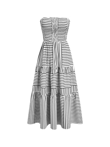 Image of CIDER Women's Strapless Dress with Pockets Tube Striped Long Midi Dresses A Line Beach Vacation Casual Summer Outfits