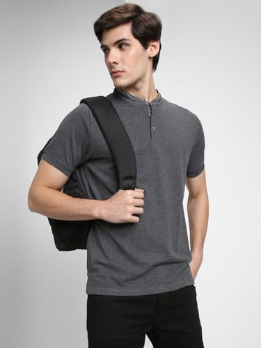 Image of Dennis Lingo Men's Cotton Grey Solid Regular Fit Mandarin Collar Short Sleeve Polo Tshirt