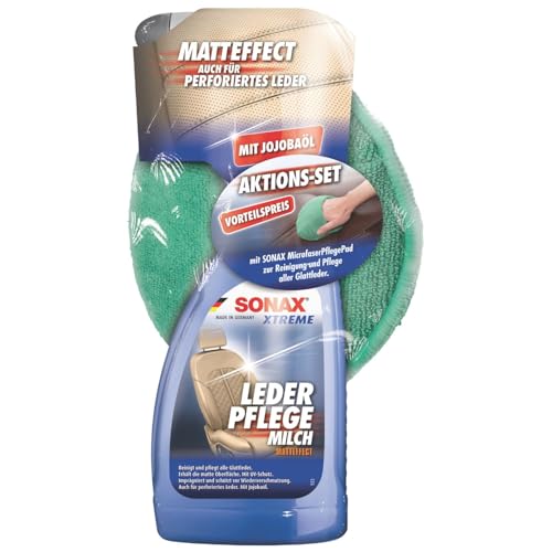 SONAX Xtreme LederPflegeMilch (500 ml) mit MicrofaserPad (1 Stück) AktionsSet zur Reinigung und Pflege von glattem Echt- & Kunstleder | Art-Nr. 02547410