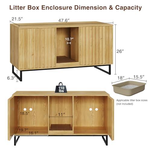 Cat Litter Box Enclosure for 2 Cats, 47.6’’ Litter Box Furniture Hidden with Scratch Pad, Double Room Large Cat Cabinet, Indoor Pet House TV Stand Side Table,Cats Washroom, Natural