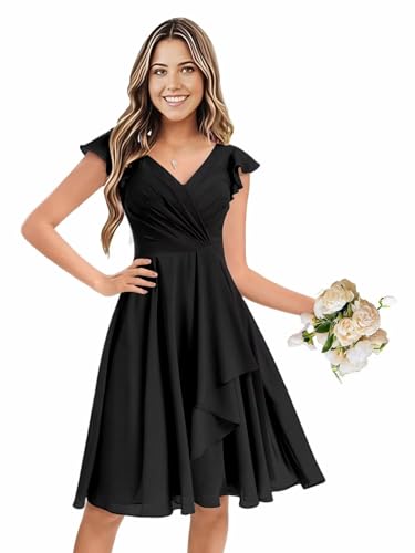 Women's Short Bridesmaid Dresses Ruffled Chiffon V Neck Flutter Sleeves A Line Formal Gown with Pockets