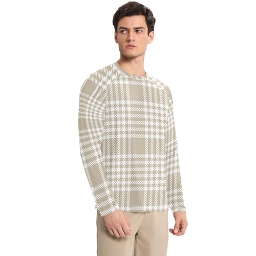 Brown Tartan Plaid Long Sleeves UPF 50+ Lightweight Round Neck Sun Shirt for Men Long Sleeve Hiking3