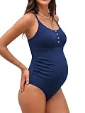 CUPSHE Maternity One Piece Swimsuit Ribbed Bathing Suit Front Grommet, M