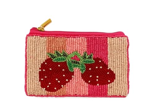 Ladies Strawberry Themed Fully Beaded Coin Purse Small Purse Pouch, Cute Coin Purse, Best Friend Gift, Beaded Pouches