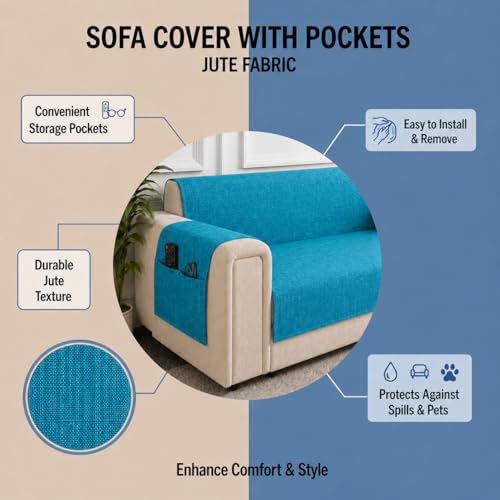 Image of STITCHNEST 'ComfyNest Series' 1 Seater Sofa Cover | Full Coverage with Armrest Pocket | Elegant Jute Fabric, Washable & Durable for Modern Living