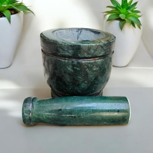 Image of Boat Shape Marble Mortar and Pestle Set Stone, Khalbatta, Kharal, Okhli, Musal Kitchen Tool For Crushing Grinding Blending (Imamdasta-Green-4-Inch)