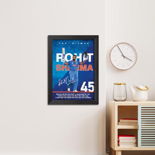 Image of TenorArts Rohit Sharma Poster with Quotes Indian Legend Cricket Player Photo Frame Painting with Matt Finish Black Textures (12 inches x 9inches)