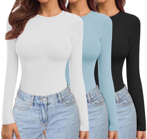 Ekouaer Womens 3 Pack Long Sleeve Shirts Crew Neck Stretch Fitted Underscrubs Trendy Basic Tops Lightweight Thermal Tee
