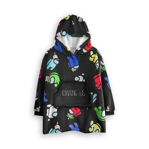 Among Us Sudadera Manta Portátil para Niños | Sudadera con Capucha de Forro Polar en Negro con Impresión Total de Crewmates Multicolores y Personaje Impostor | Ropa de Estar Forrada con Sherpa Gamer