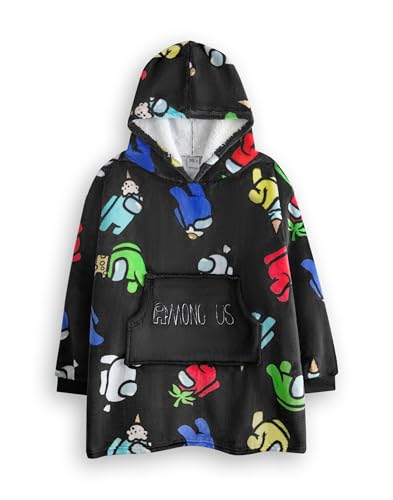 Among Us Boys Wearable Blanket Hoodie | Kids Multi-Coloured Crewmates & Imposter Character Print Hooded Pullover in Black