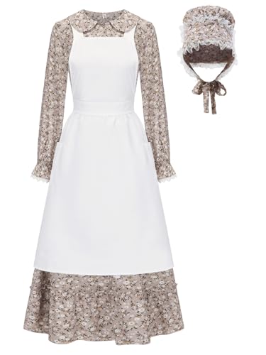 Prärie-Kleid für Damen, Pionier-Kostüm, Blumenmuster, 18. Jahrhundert, Kolonialkleid mit Pionier-Mütze, Schürze, aprikose, S