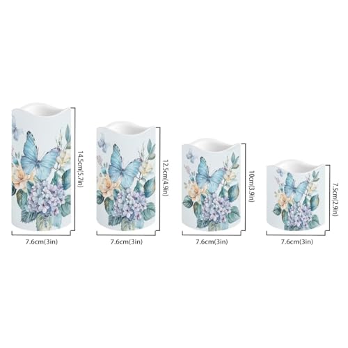 Image of Blue Butterfly Pillar Candles Bulk Led Flameless Battery Operated Candles with Timer Remote Color Changing Electric Fake Candles for House Warming Home Decorations Set of 4