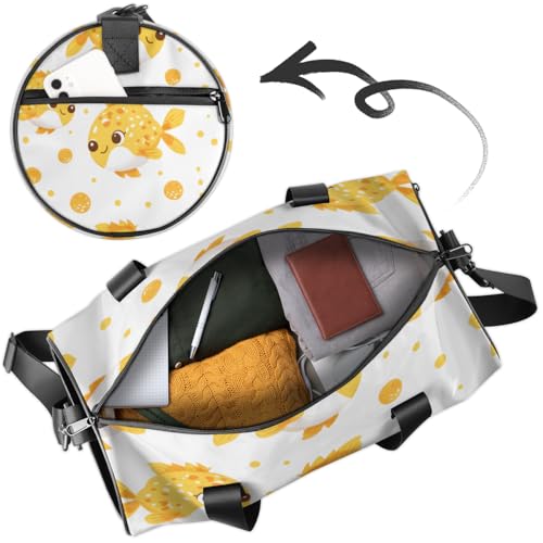 Cute Blowfish Round Barrel Sports Fitness Bag, Yellow White Travel Luggage Bag, Reusable Handbag, Suitable For Men and Women4