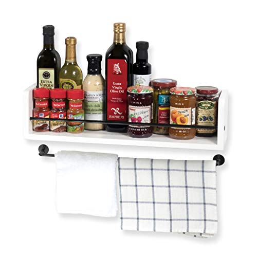 Rustic State William Wall Mount Wood Floating Shelf with Rail & Towel Bar - Photo Frame Picture Ledge Display - Spice Rack - Kitchen Bathroom Living Room Bedroom Décor - 22 Inch - White