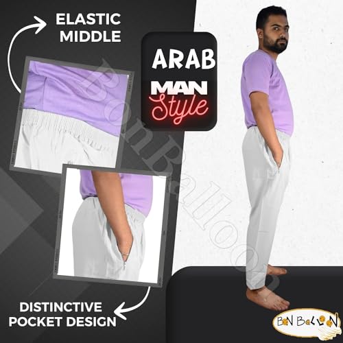 Mens Serwal Salwar Shalwar Trousers Pants Sleep Wear Arab Islam Islamic Men's Thoub Kaftan Desert Pajamas Elastic Waist Pajama White, 24 Tall2