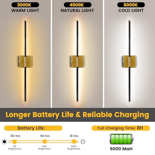 Image of 15800 mAh Battery Operated Wall Sconces with Remote Control Dimmable Wall Sconces Set of Two 3000K LED Brass Gold and Black Wireless Wall Light Battery Powered Cordless Rechargeable Sconces Decor