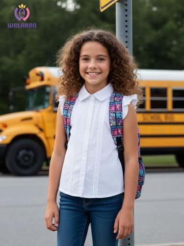 Image of Girls Button Down Blouse with Peter Pan Collar - Classic Short-Sleeve Kids Shirt Top