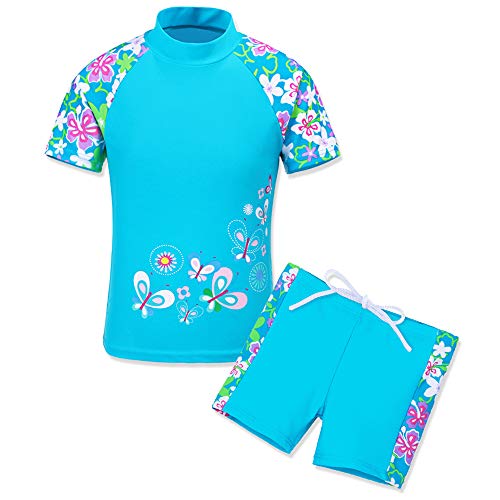 HUAANIUE Girls Swimsuit Rashguard Set UPF50+ Two Piece Short Sleeve Blue 7-8 Years