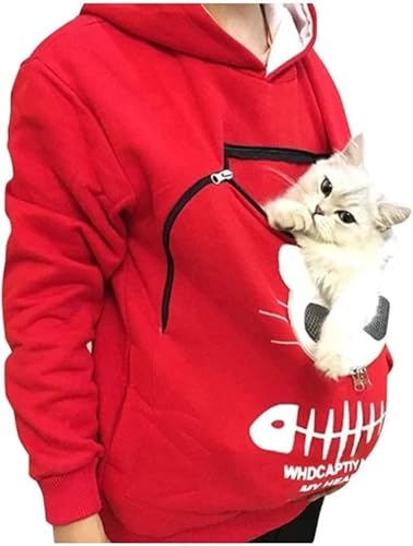 ペット 抱っこ用エプロン 猫 抱っ お腹のポッケに猫 犬を 猫と一緒に出かけ服 カンガルーのような袋 スウェット 男女兼用 パーカー レディース トレーナー ゆったり ポケット猫入れポケット付き 犬入れポケット 散歩 旅行 (レッド,XL)