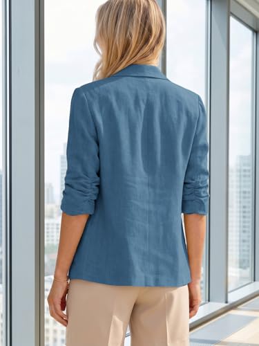 Image of Mina Self 2026 Summer Women's Linen Blazer Jacket - Lightweight Breathable 3 /4 Stretchy Ruched Sleeve Casual Work with Pocket