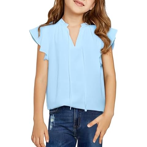 DOKOTOO KIDS Girls Ruffle Short Sleeve Top Cute Drawstring V Neck Chiffon Shirts Tops Summer Basic Blouse Light Blue 10-11 Years Cover