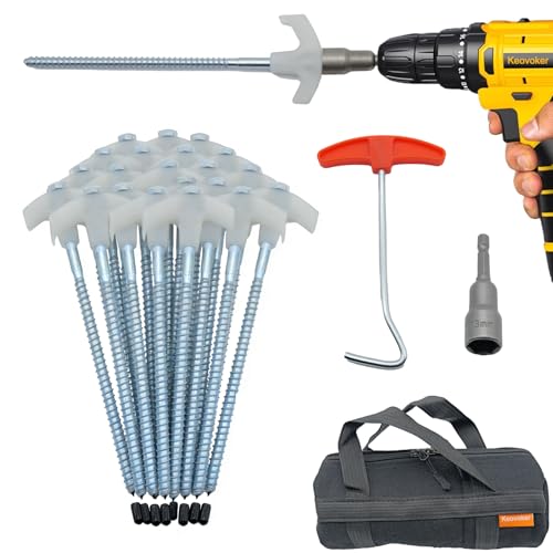 Keovoker 12 Pack Screw in Tent Stakes Heavy Duty-8” Metal Pegs for Ground, Drill in Camping Stake with Hex Head Driver, Spikes Puller, Protector/Stopper in Carrying Bag, for Hiking, Glow in Dark