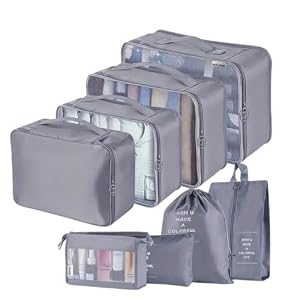 Travel Packing Cubes, Toifucos Multifunction 8pcs/set Luggage Organiser Compression Suitcase Essential Bag, Dark Gray