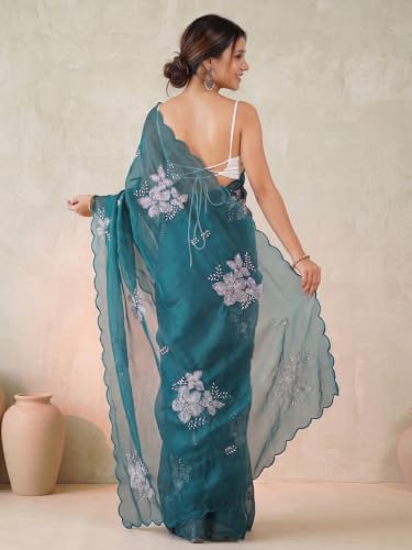 Image of AKHILAM Women's Shimmer Pure Georgette Embroidered Ready To Wear one Minute Saree With Unstitched Blouse Piece