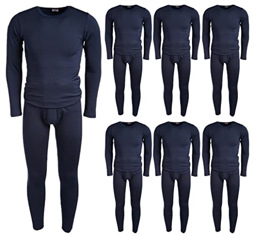 BILLIONHATS 6 Pack of 2pc Thermal Sets for Men, Base Layer Long Johns Underwear, Top & Bottom, Cotton, Solid Colors (Large, Navy Blue)