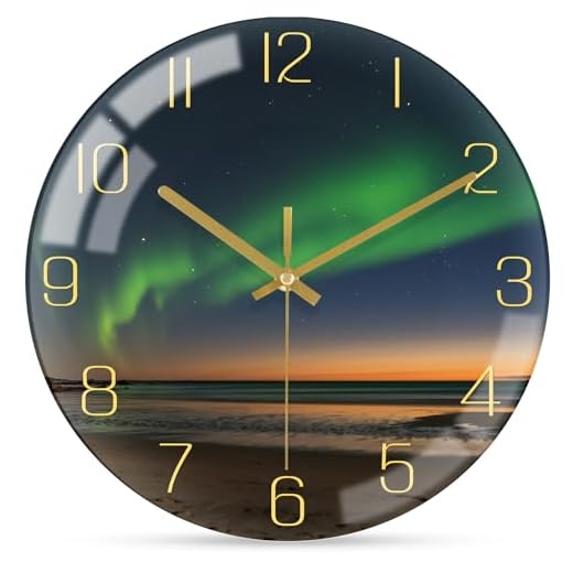 10 Inch Northern Lights Wall Clock, Silent Non Ticking Battery Operated Clocks Decorative, Black and Gold Glass Wall Clocks for Living Room Bathroom Kitchen Bedroom Office