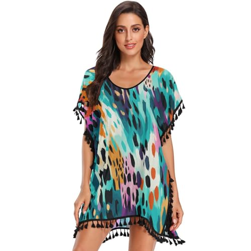 Leopard Abstract Dots Art Women's Beach Cover Up Chiffon Tassel Swimwear Swimsuit Coverups for Girl