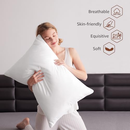 Luxury Feathers Down Pillows Queen Size Set of 2, Hotel Quality Fluffy Bed Pillows, Soft Pillows for Sleeping, Organic Cotton Cover(20x28”, Pack of 2)