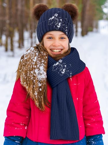 Image of JaGely 2 Sets Kids Winter Hat Gloves Scarf Set Girls and Boys Knit Hat with Pom Warm Scarf Snow Gloves for 3-10 Years Toddler