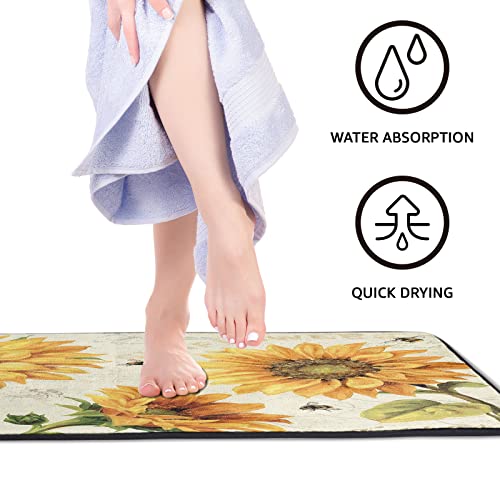 Vintage Bee Sunflower Kitchen Rugs And Mats Non-Slip Anti Fatigue Washable 39"X 20" Floral With Newspaper Backdrop Kitchen Mats For Farmhouse Home Kitchen And Laundry Decorations Memory Foam Mat #TOP3