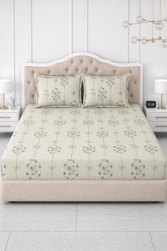 Image of 300 TC Cotton Feel Glace Cotton Elastic Fitted Bedsheet for King Size Double Bed | Fits up to 8 Inch Mattress | Printed Bedsheet with 2 Pillow Covers (Hanging Roses, King Size - 72 inchx78 inch)