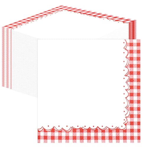 HEIPINIUYE 50 Pieces Red Gingham Cocktail Napkins Paper 3-ply Disposable Red and White Checkered Dessert Napkins for Dinner Wedding Birthday Baby Shower Party Plaid Beverage Napkin