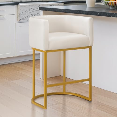 Image of LUE BONA 27 inch H Counter Height Bar Stools, Modern Barrel Counter Stools with Backrest and Arms, Gold Metal Frames, Linen Fabric Upholstered Accent Barstools for Kitchen Island, Beige