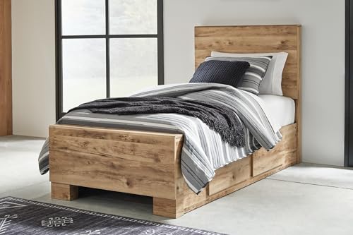 Image of Signature Design by Ashley Hyanna Twin Panel Bed with Storage Drawers | Bed frame with storage, Golden rustic replicated oak finish, 4 built-in track drawers, No box spring required