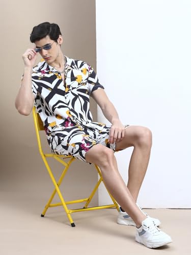 Image of SHOWOFFFF Men Printed Two-Piece Co Ords | Cuban Collar Half Sleeves Cotton Co Ords for Mens | Mid-Rise Relaxed Fit Above Knee Co Ords for Men's