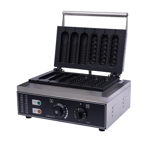 Bacocoo Commercial Corn Dog Waffle Maker, 6 Molds, 1500W, Temperature Control 122-572°F, Timer, Silver