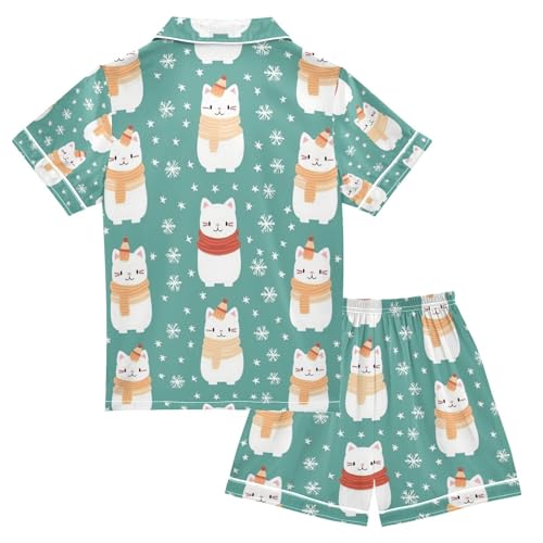 senya Cat Wearing Scarf Satin Summer Pajama Sets Silk Short Sleeve Button Down Sleepwear2