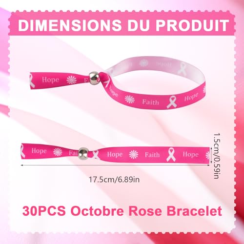 WANDIC 30 PCS Octobre Rose Bracelet, Bracelet Ruban Réglables en Polyester pour Le Cancer du Sein Bracelet de Sensibilisation au Cancer 5 Styles, pour Femme Décoration Octobre – vue 2