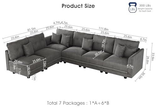 Image of LLappuil Corduroy Modular Sofa Set, 6-Seater Reversible L-Shaped Sectional Couch with Storage, Soft Fabric for Cozy Living Room, Apartment, Included Back Cushions & Throw Pillows, Grey