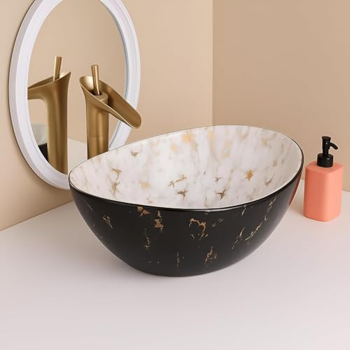 Image of Premium Ceramic Table Top Wash Basin, Modern Designer Vessel Sink for Bathroom & Vanity Countertop, Elegant Over Counter Basin, 16 x 13 x 5.5 Inch