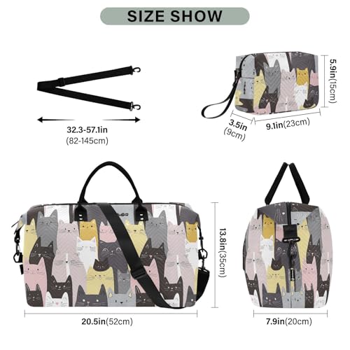 Cat Kitten Lovely Cartoon Large Travel Duffle Bag Weekender Overnight Bags Gym Yoga Bag for Women Men with Toiletry Bag3