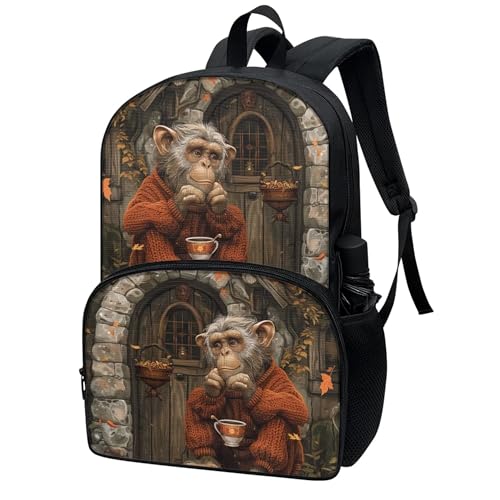 Lightweight Fairytale Monkey Backpack for Kids Sturdy Soft Comfy Large School Bag for Boys Girls 17 Inch Campus Daily Outing Student Bookbag with Side Pocket2