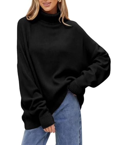 JFAN Jersey de Cuello Alto para Mujer Elegante Suéter de Punto Manga Larga Pullover Holgados Sólidos Clásico para Otoño e Invierno Negro L