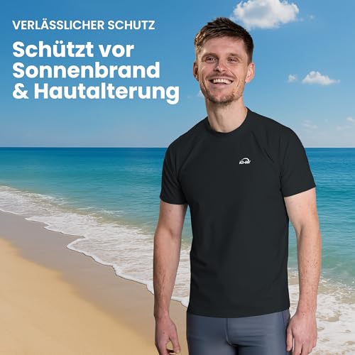 iQ-UV Shirt für Herren mit UPF 50+ Schutz Schwarz XL - Loose Fit Kurzarm Schwimmshirt für Herren mit UV-Schutz - Schnelltrocknendes Surf- & Badeshirt UV für Männer - TÜV & Oeko-TEX 100 geprüft